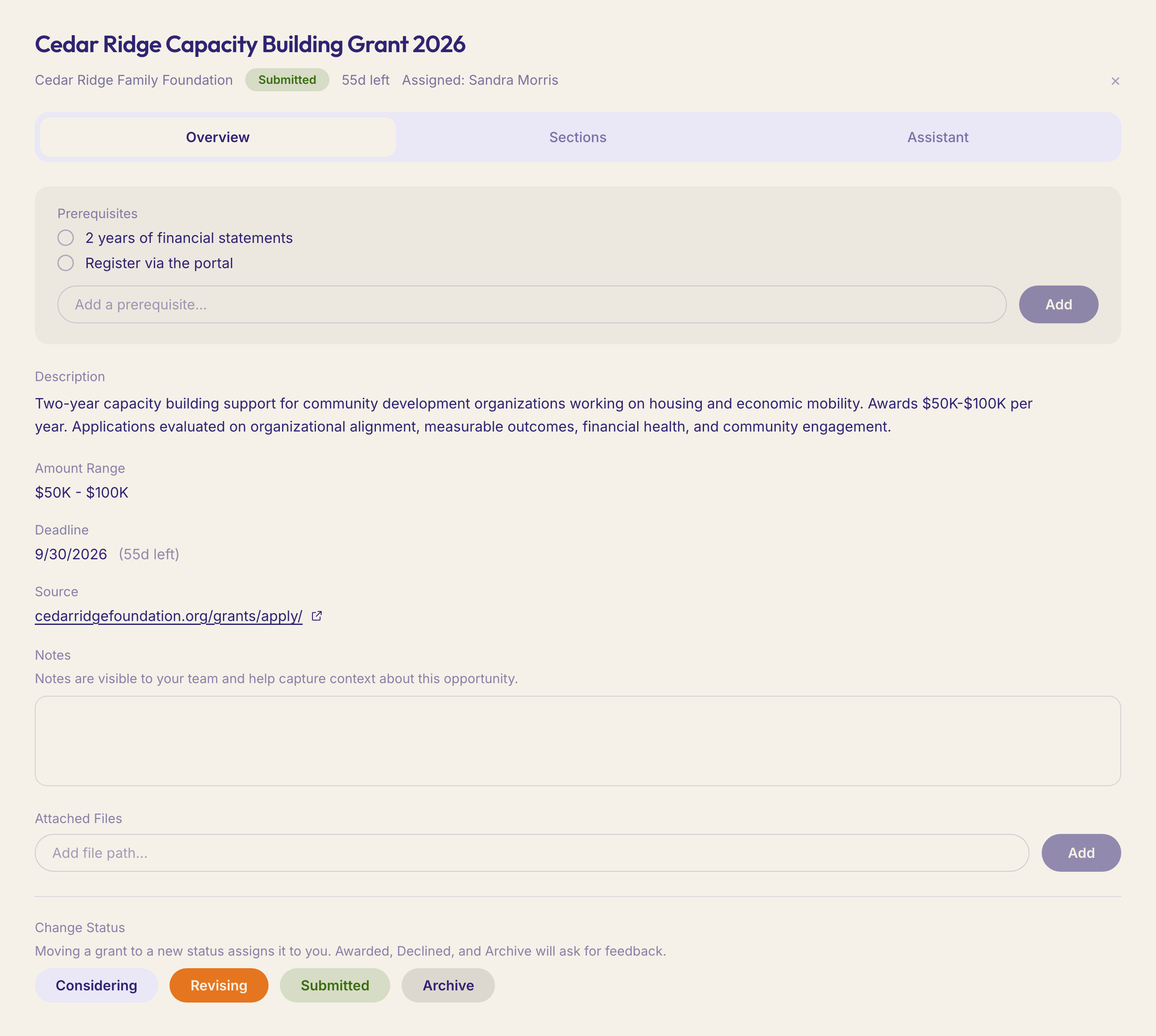 An opportunity in GranTribe showing the funder, the deadline, the amount, prerequisites and notes